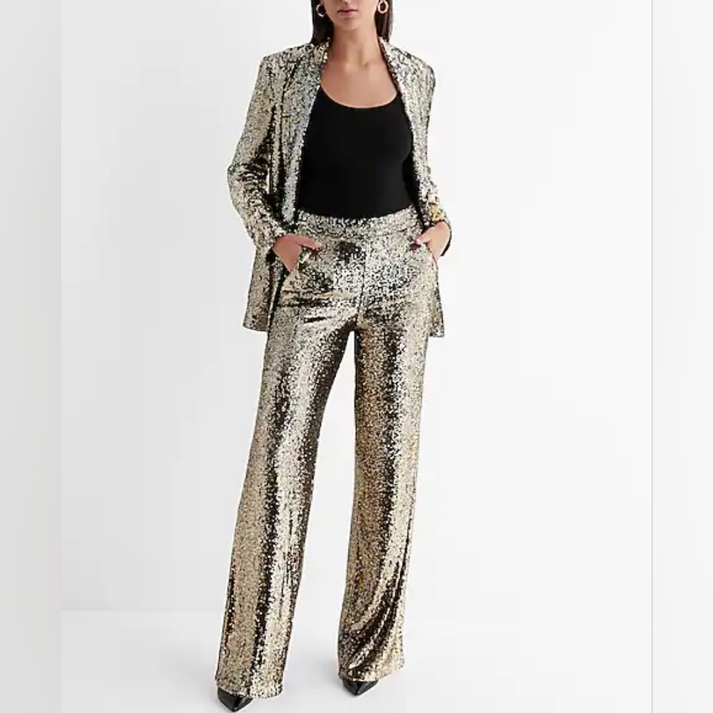 EXPRESS: High Waisted Sequin Wide Leg Trousers - Picture 3 of 6